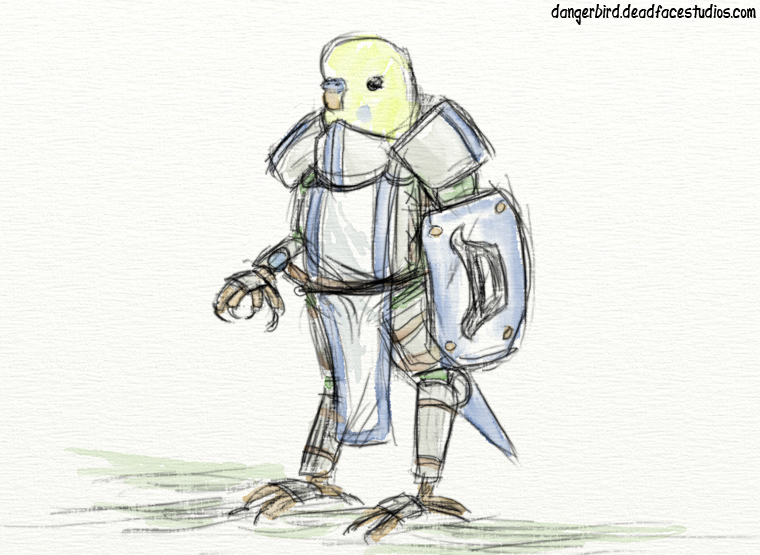 Sketching a fat budgie in armor is challenging